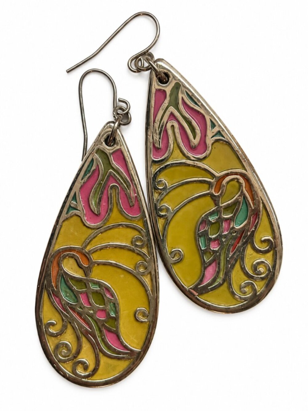 Yellow & Pink Dangly Earrings | Vintage Boho Peacock Teardrop Earrings